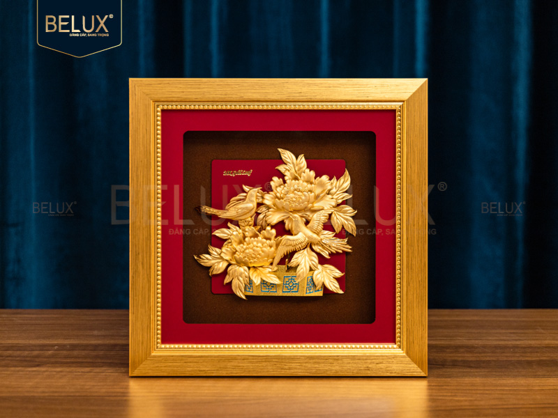 Tranh Đôi Chim Hỷ Tước Mẫu Đơn Dát Vàng 24k- 24x24 cm